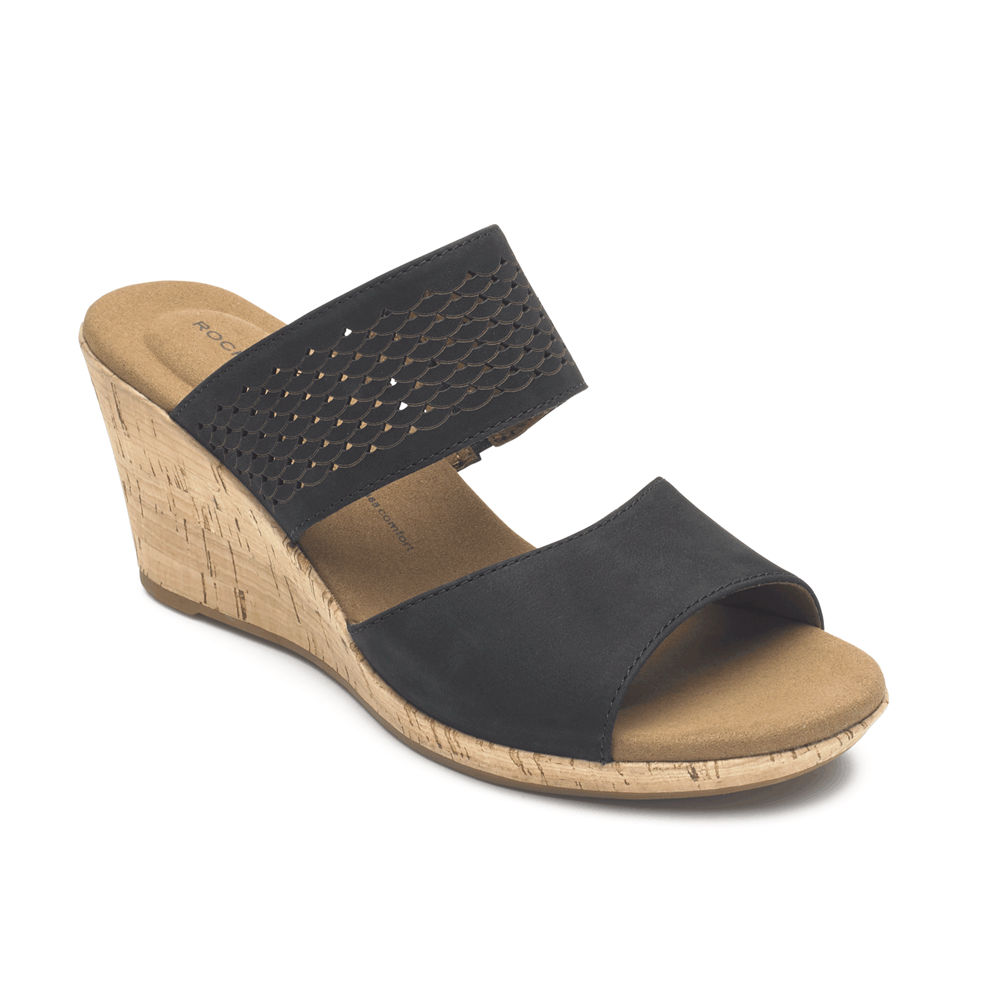 Rockport Womens Briah Double Band Slip-On Wedge - Sandals Black - XBR180652